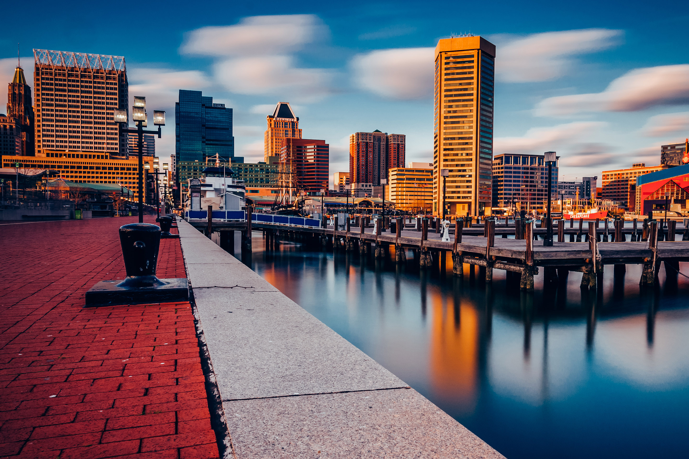 Skyline Inner Harbor Promenade Sunset, Baltimore, Maryland